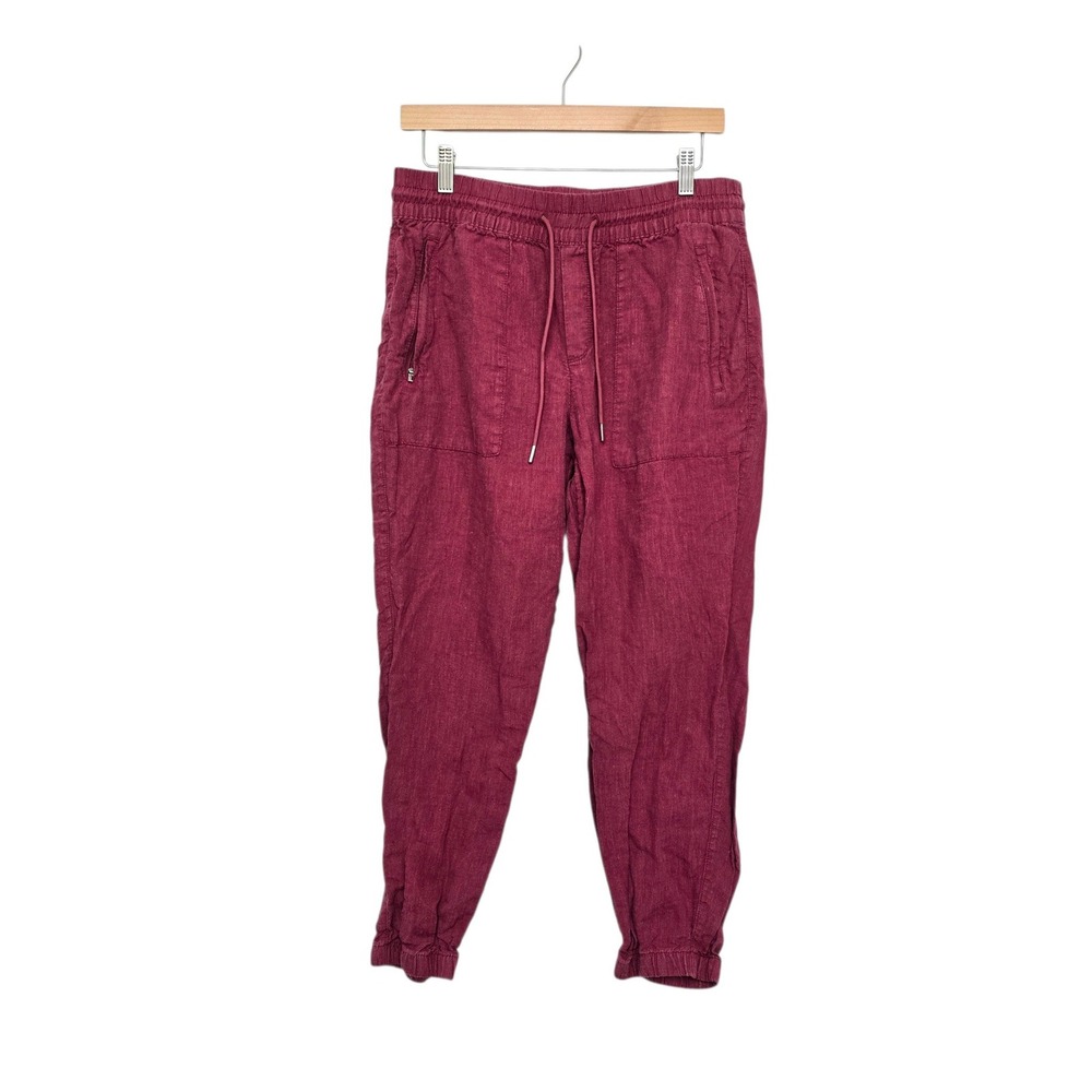Athleta 100% Linen Joggers Burgundy Petite 8P Elastic Waist Drawstring Pants